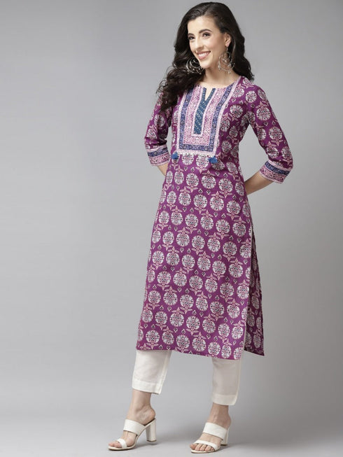 Women Purple & White Pure Cotton Printed Kurta